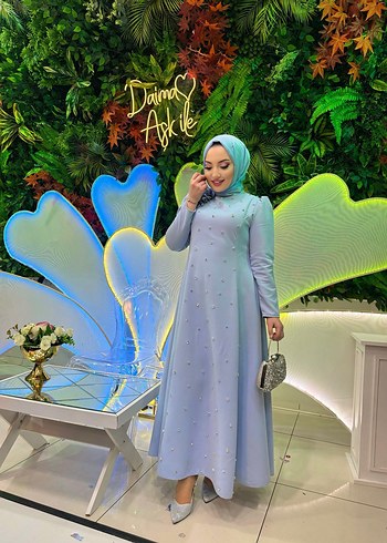 Uzun Kollu Mavi Bohem Zarif Abiye Elbise - Görsel 4