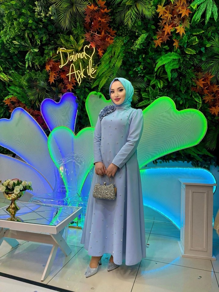 Uzun Kollu Mavi Bohem Zarif Abiye Elbise - Görsel 2