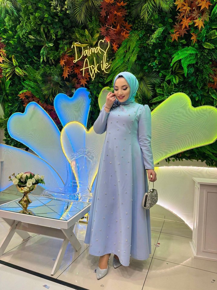 Uzun Kollu Mavi Bohem Zarif Abiye Elbise - Görsel 4