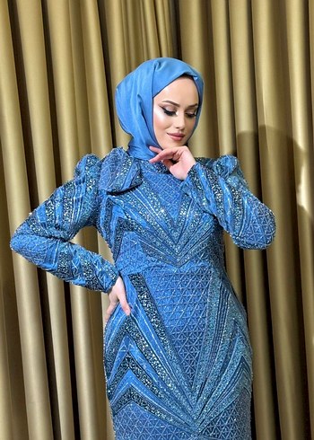 Mavi Parlak Uzun Kollu Drapeli Abiye Elbise - Görsel 2