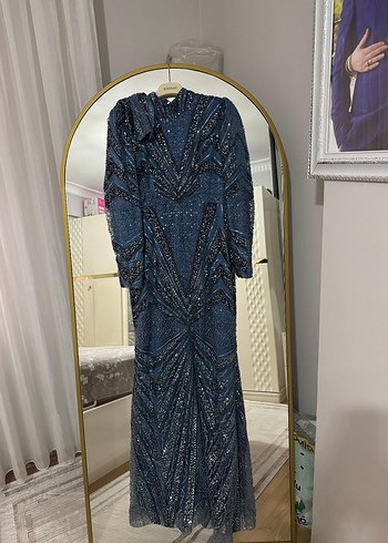 Mavi Parlak Uzun Kollu Drapeli Abiye Elbise - Görsel 4