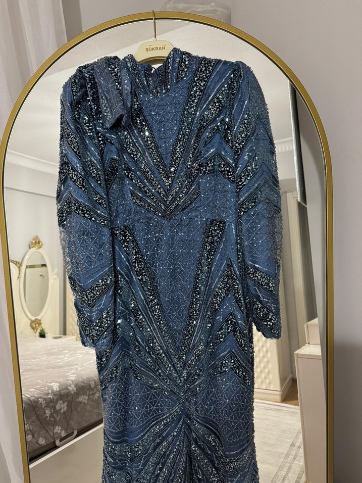 Mavi Parlak Uzun Kollu Drapeli Abiye Elbise - Görsel 5