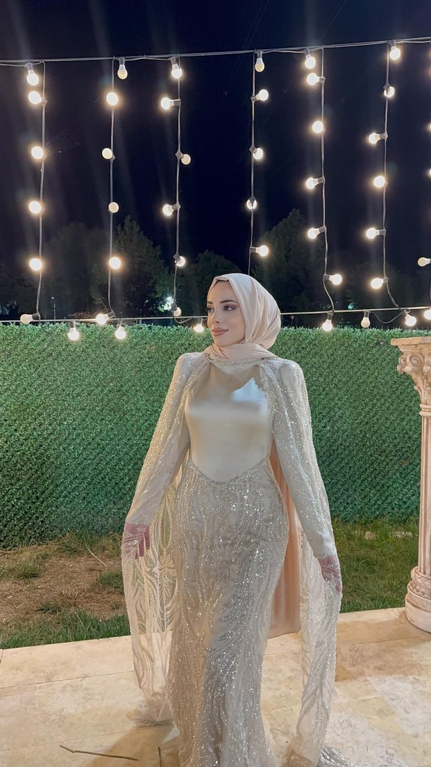 Bej Drapeli Uzun Abiye Elbise - Görsel 3