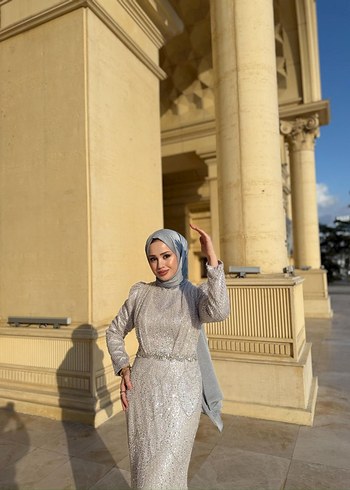 Gri Uzun Kollu Drapeli Abiye Elbise - Görsel 2