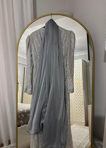 Gri Uzun Kollu Drapeli Abiye Elbise - Görsel 8