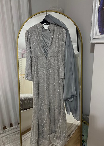 Gri Uzun Kollu Drapeli Abiye Elbise - Görsel 7