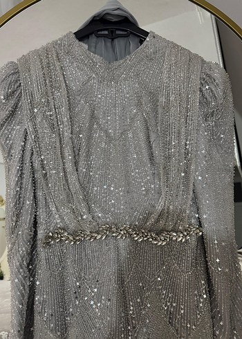 Gri Uzun Kollu Drapeli Abiye Elbise - Görsel 5