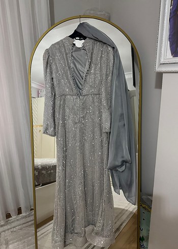 Gri Uzun Kollu Drapeli Abiye Elbise - Görsel 9