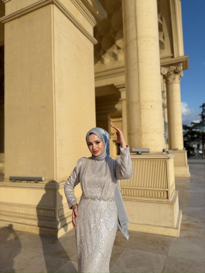 Gri Uzun Kollu Drapeli Abiye Elbise - Görsel 2