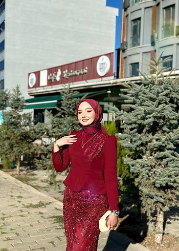 Bordo Uzun Kollu Drapeli Abiye Elbise - Görsel 3