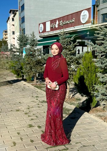 Bordo Uzun Kollu Drapeli Abiye Elbise - Görsel 2