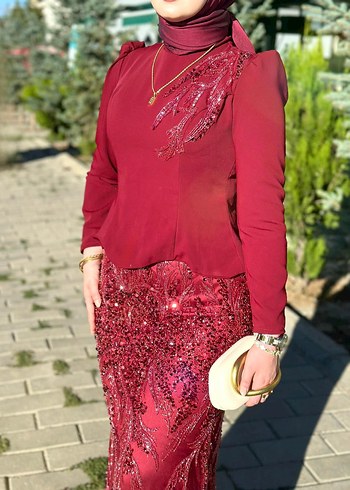 Bordo Uzun Kollu Drapeli Abiye Elbise - Görsel 4