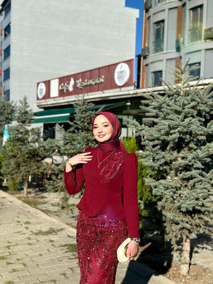 Bordo Uzun Kollu Drapeli Abiye Elbise - Görsel 3