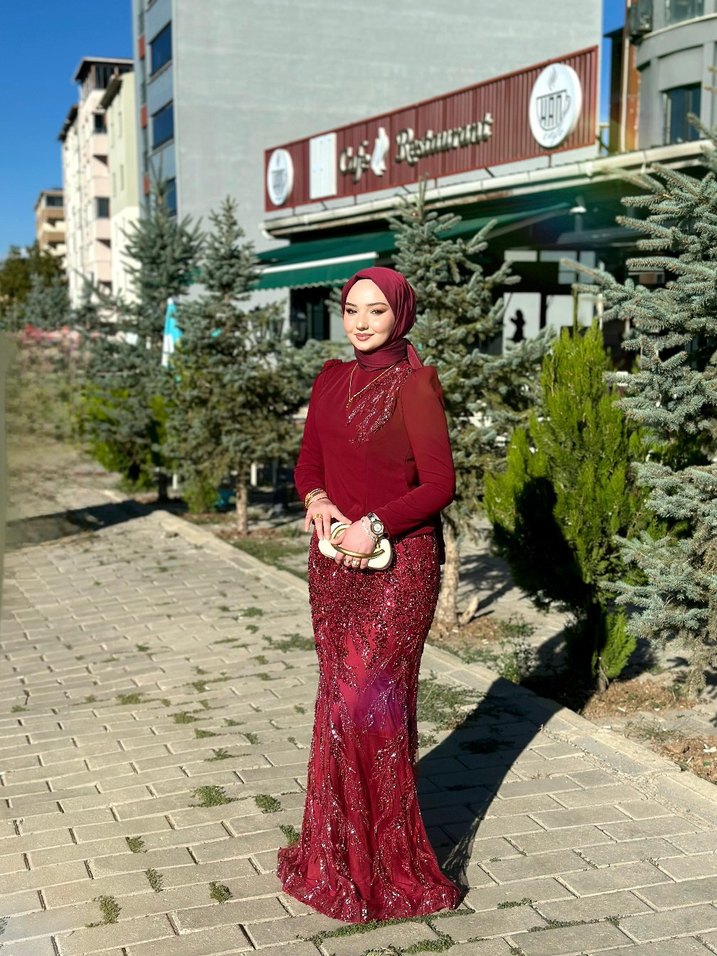 Bordo Uzun Kollu Drapeli Abiye Elbise - Görsel 2