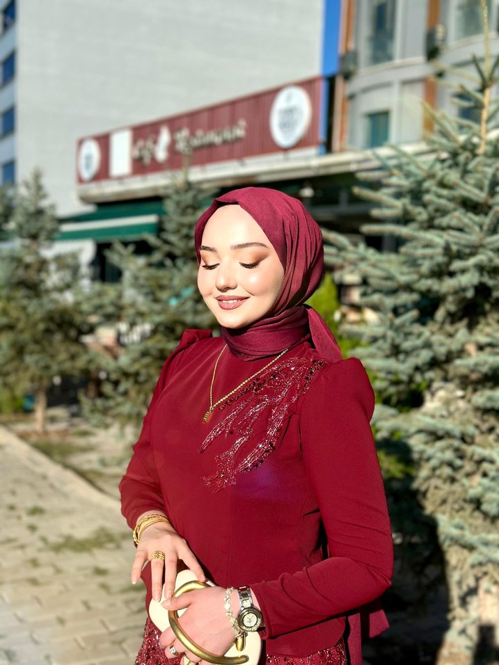 Bordo Uzun Kollu Drapeli Abiye Elbise - Görsel 5