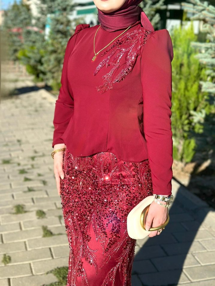 Bordo Uzun Kollu Drapeli Abiye Elbise - Görsel 4