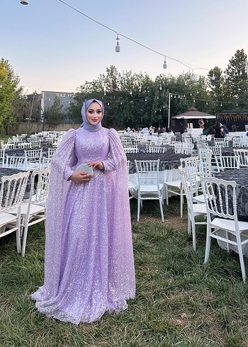 Parlak Uzun Kol Drapeli Mor Abiye Elbise - Görsel 5