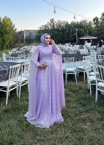 Parlak Uzun Kol Drapeli Mor Abiye Elbise - Görsel 6