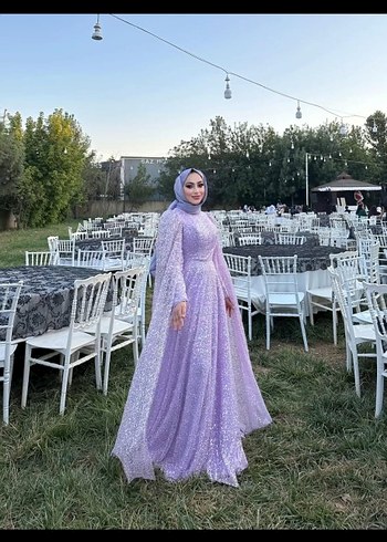 Parlak Uzun Kol Drapeli Mor Abiye Elbise - Görsel 2