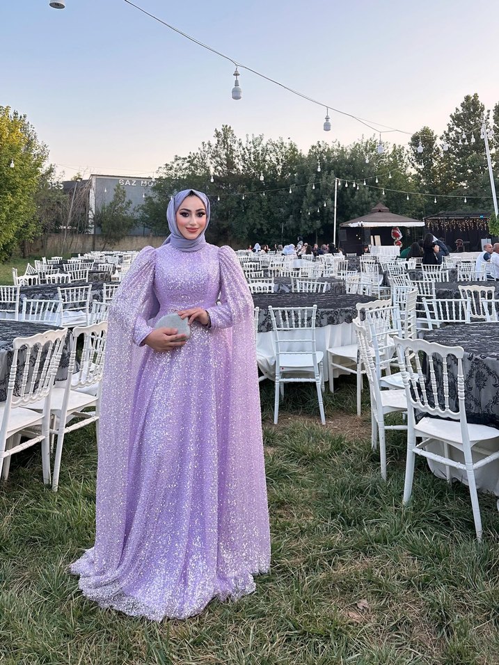 Parlak Uzun Kol Drapeli Mor Abiye Elbise - Görsel 5