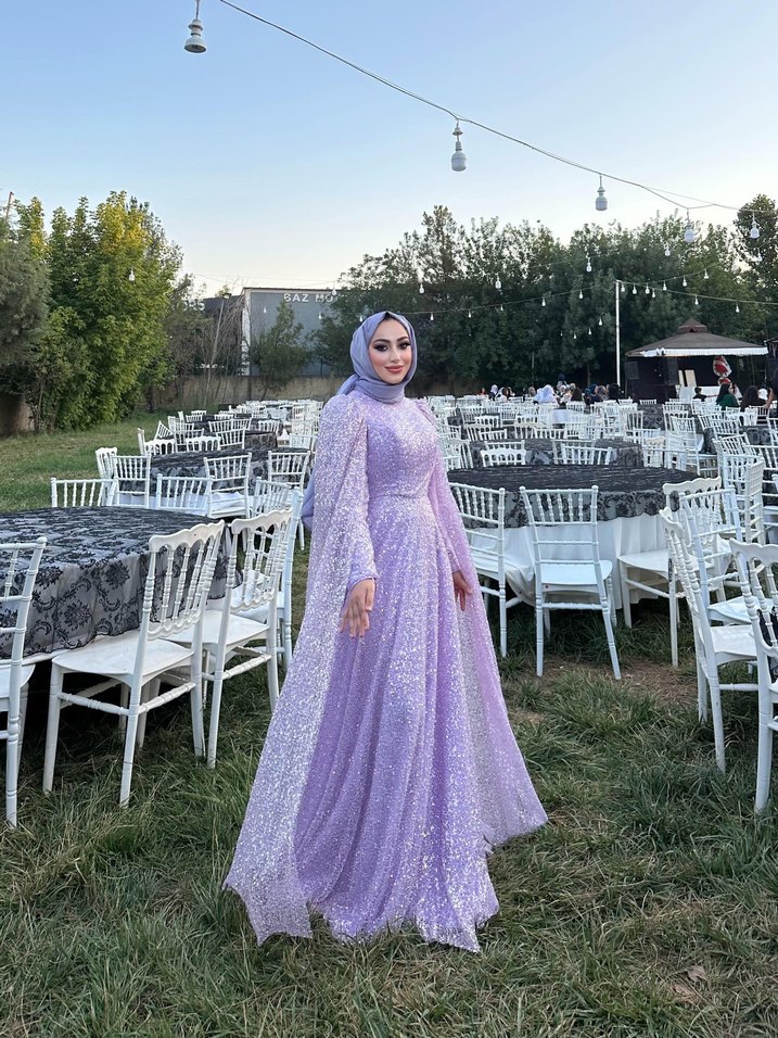 Parlak Uzun Kol Drapeli Mor Abiye Elbise - Görsel 4