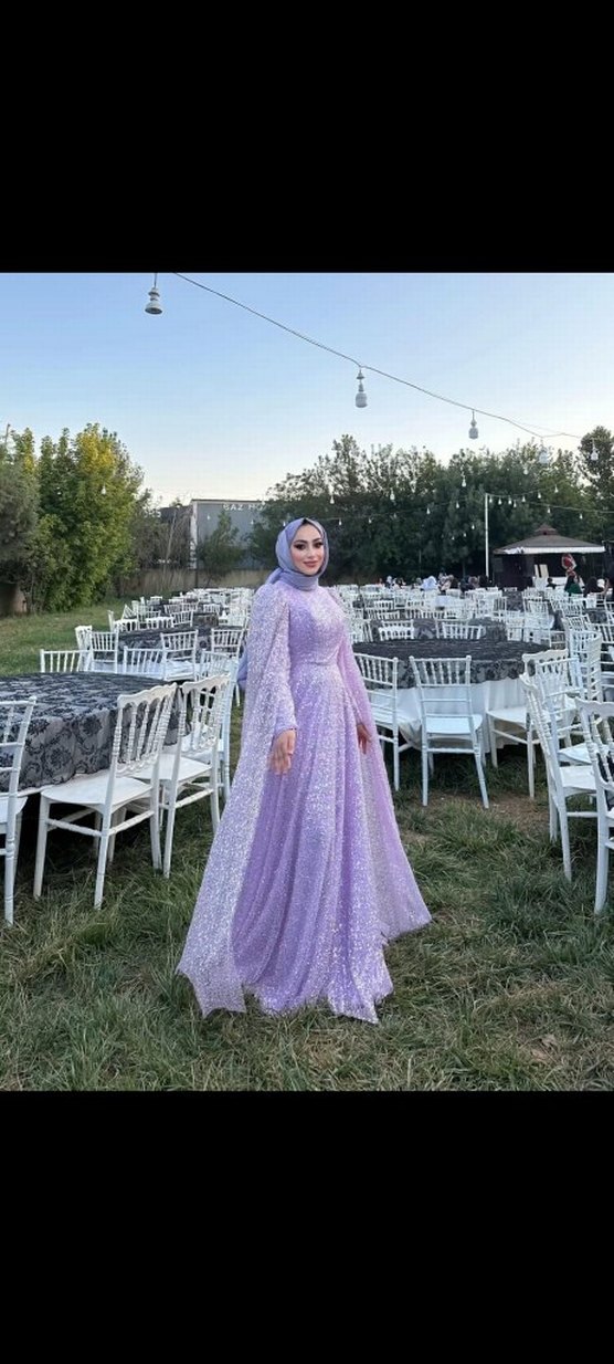 Parlak Uzun Kol Drapeli Mor Abiye Elbise - Görsel 2