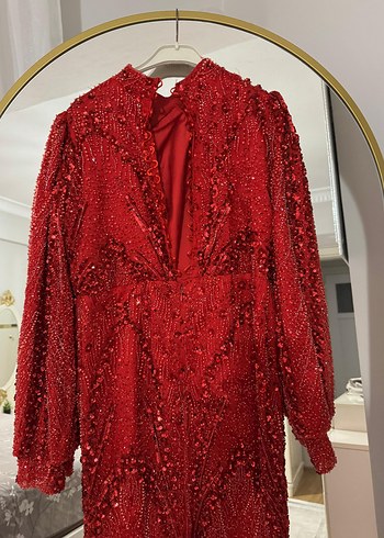 Kırmızı Uzun Kollu Abiye Elbise - Görsel 2