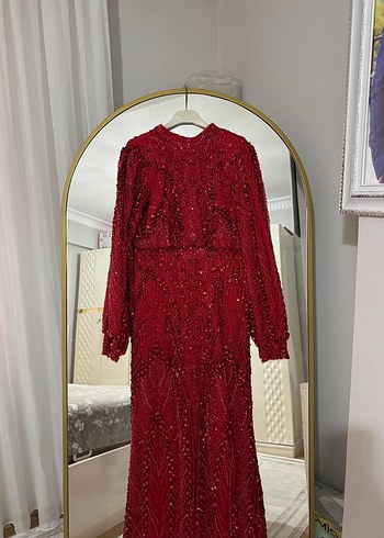 Kırmızı Uzun Kollu Abiye Elbise - Görsel 5