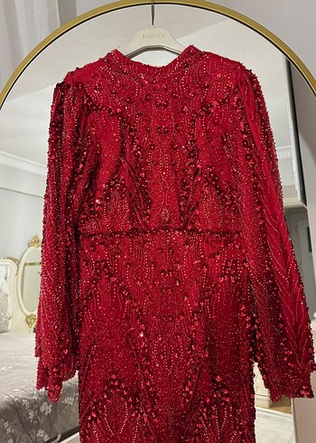 Kırmızı Uzun Kollu Abiye Elbise - Görsel 3