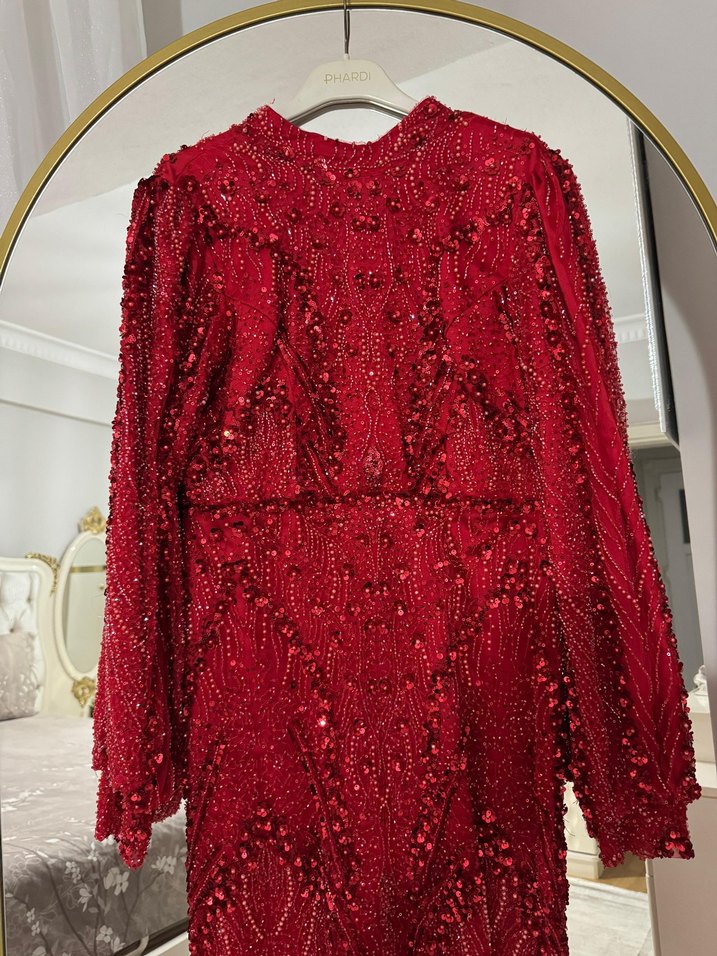 Kırmızı Uzun Kollu Abiye Elbise - Görsel 3