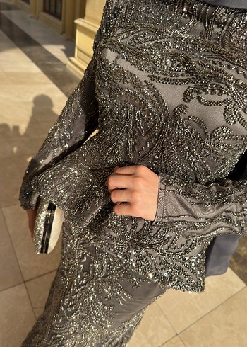 Uzun Kollu Gri Drape Detaylı Abiye Elbise - Görsel 6