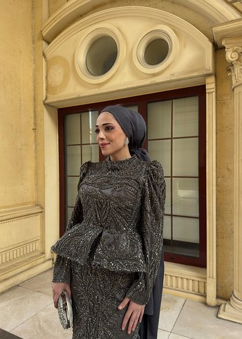 Uzun Kollu Gri Drape Detaylı Abiye Elbise - Görsel 2