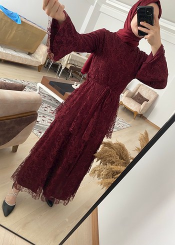 Bordo Nakışlı Uzun Dantel Elbise kat katlı - Görsel 3