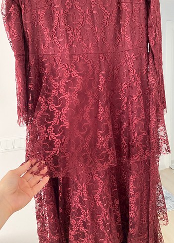 Bordo Nakışlı Uzun Dantel Elbise kat katlı - Görsel 9