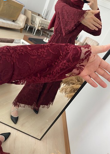 Bordo Nakışlı Uzun Dantel Elbise kat katlı - Görsel 4