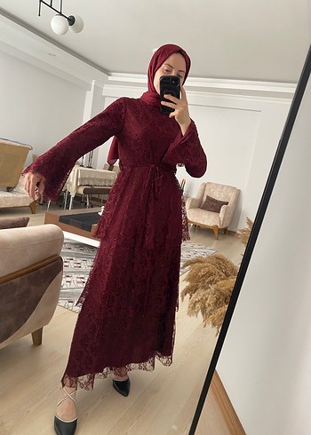 Bordo Nakışlı Uzun Dantel Elbise kat katlı - Görsel 2