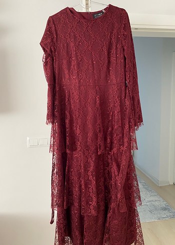 Bordo Nakışlı Uzun Dantel Elbise kat katlı - Görsel 7