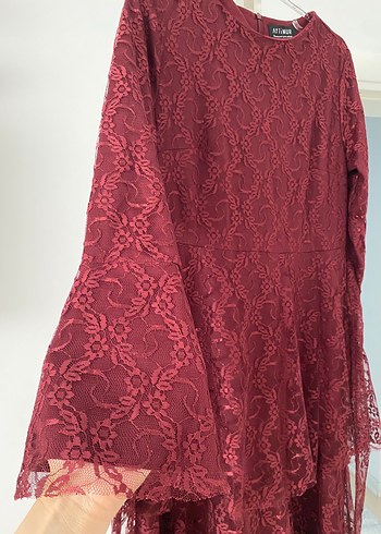 Bordo Nakışlı Uzun Dantel Elbise kat katlı - Görsel 10