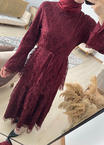Bordo Nakışlı Uzun Dantel Elbise kat katlı - Görsel 5
