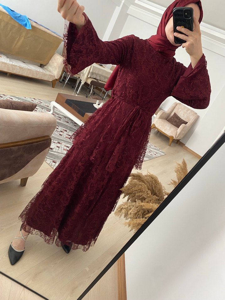 Bordo Nakışlı Uzun Dantel Elbise kat katlı - Görsel 3