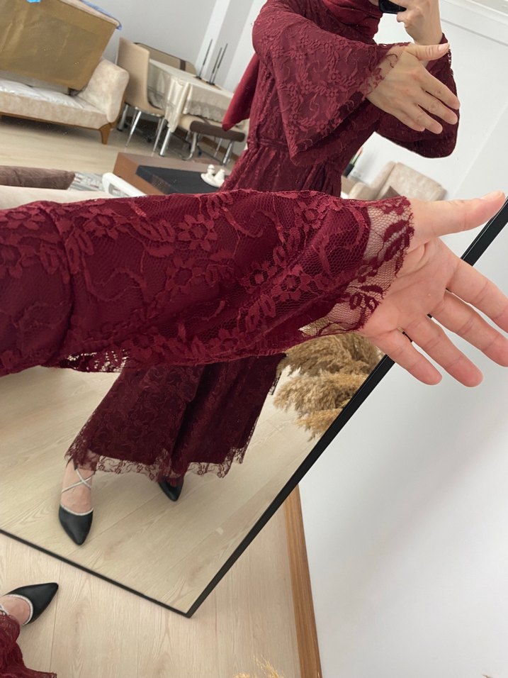 Bordo Nakışlı Uzun Dantel Elbise kat katlı - Görsel 4