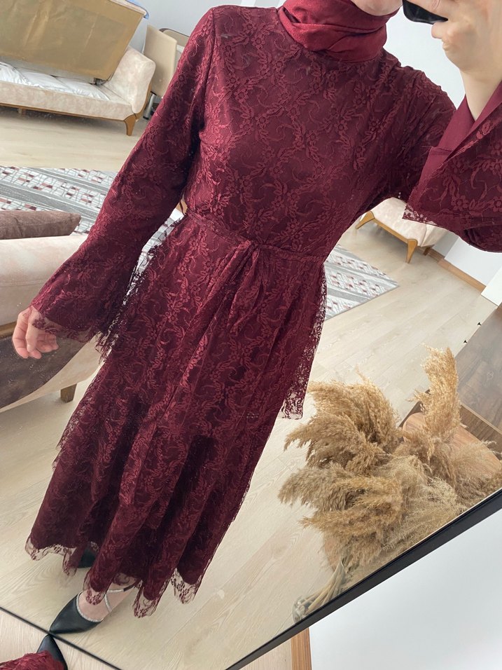 Bordo Nakışlı Uzun Dantel Elbise kat katlı - Görsel 5