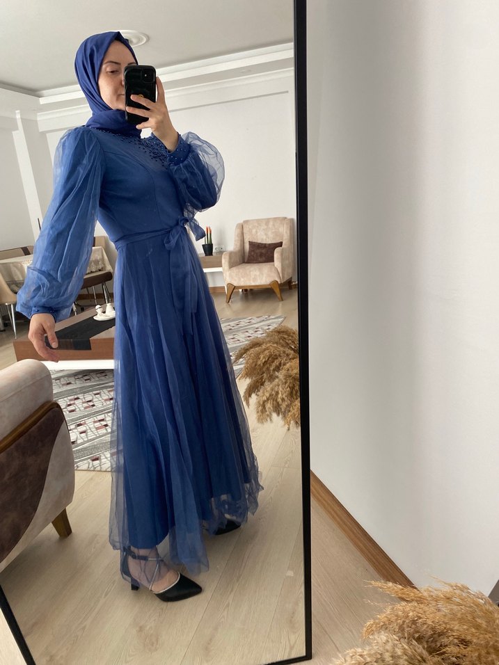 Bohem Tarzı Uzun Lacivert Abiye - Görsel 3