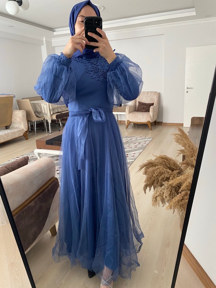 Bohem Tarzı Uzun Lacivert Abiye - Görsel 4