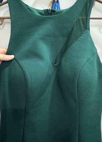 Koyu Yeşil Drapeli Midi Abiye Elbise - Görsel 4