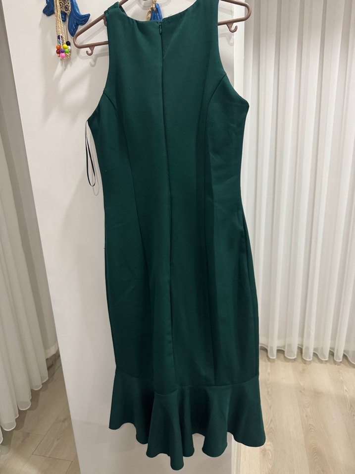 Koyu Yeşil Drapeli Midi Abiye Elbise - Görsel 3