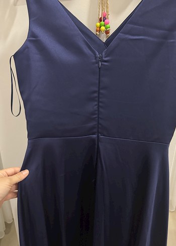 Lacivert V Yaka Uzun Drapeli Abiye Elbise - Görsel 4