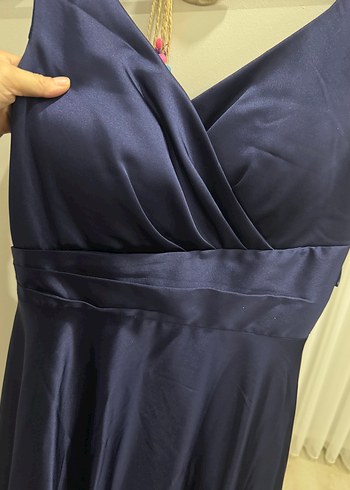 Lacivert V Yaka Uzun Drapeli Abiye Elbise - Görsel 2