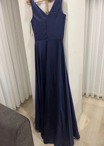 Lacivert V Yaka Uzun Drapeli Abiye Elbise - Görsel 3