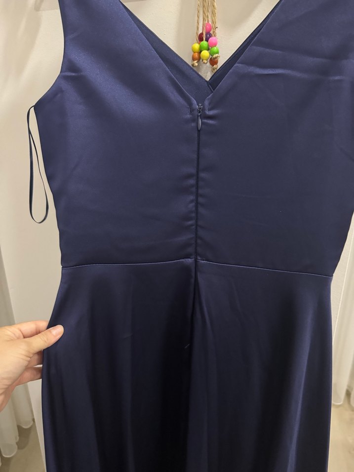 Lacivert V Yaka Uzun Drapeli Abiye Elbise - Görsel 4